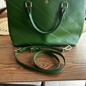 Tory Burch Emerald Green Quilted Leather Tote with Removable Strap